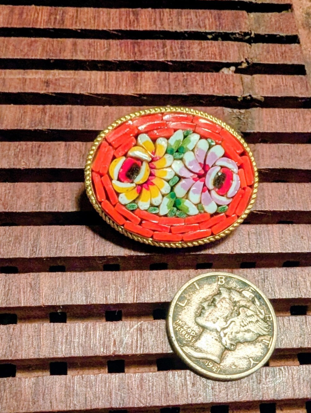 Vintage Floral Micro Mosaic Brooch Pin in Red and Multicolor